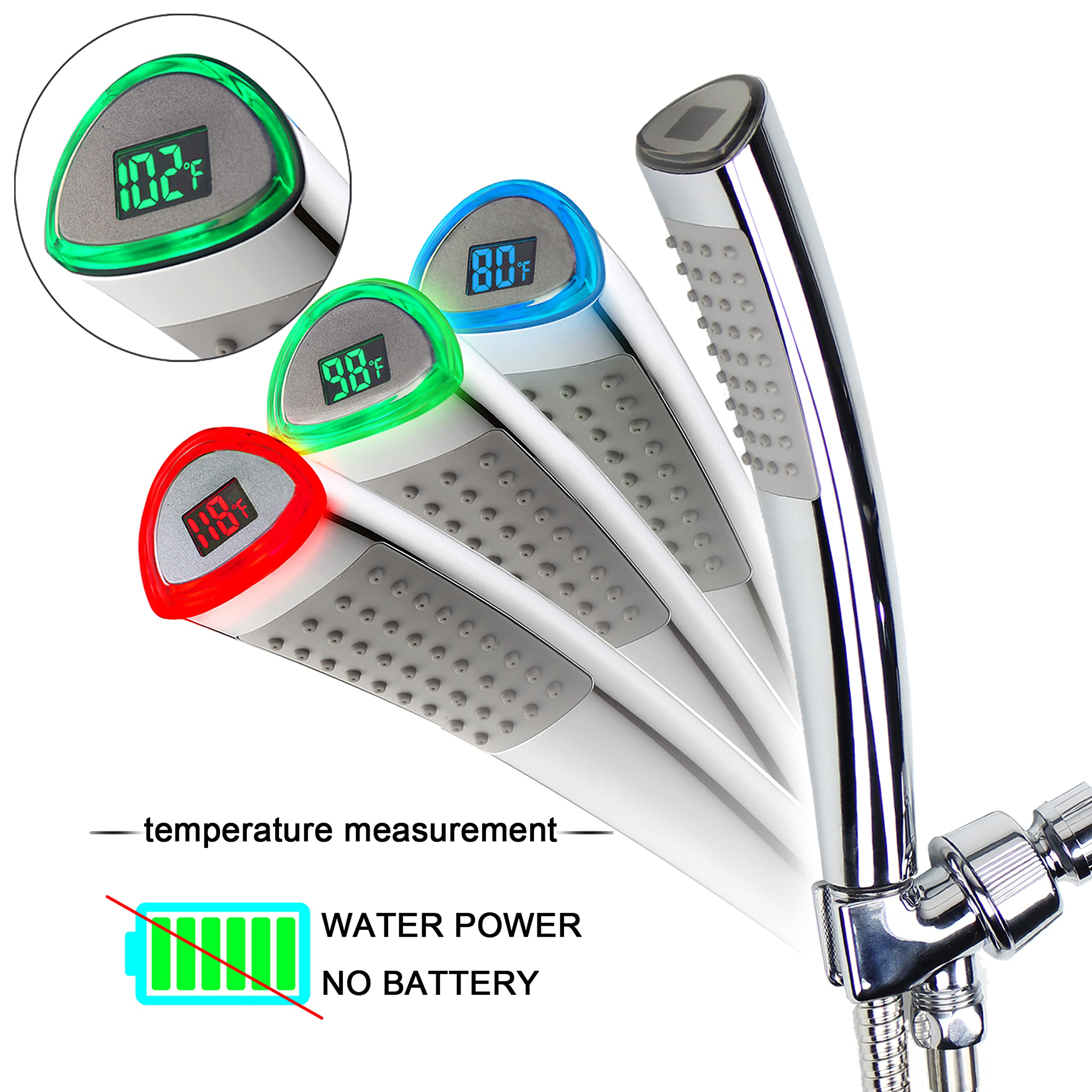 YOO.MEE LED Thermometer Handheld Shower Heads, Water Powered Light to Display Fahrenheit, Special for Skin Showering, Child and Pet Shower, Shower Accessories w/ 79'' Hose, Bracket, Polished Chrome