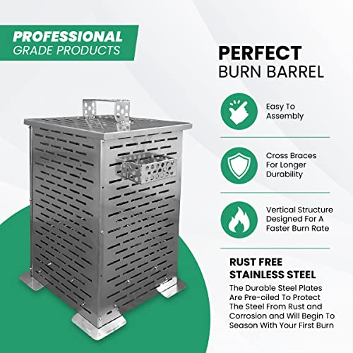Professional Grade Products Burn Box, 35 Inch 67 Gallon Heavy Gauge Stainless Steel Burn Barrel Yard Waste Incinerator Cage with Lid for Paper Leaf Trash Wood and Backyard Bonfires