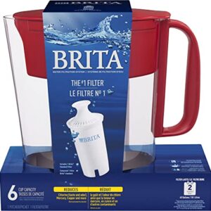 Brita Water Filter Pitcher for Tap and Drinking Water with 1 Standard Filter, Lasts 2 Months, 6-Cup Capacity, Christmas Gift for Men and Women, BPA Free, Red