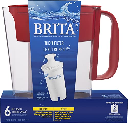 Brita Water Filter Pitcher for Tap and Drinking Water with 1 Standard Filter, Lasts 2 Months, 6-Cup Capacity, Christmas Gift for Men and Women, BPA Free, Red