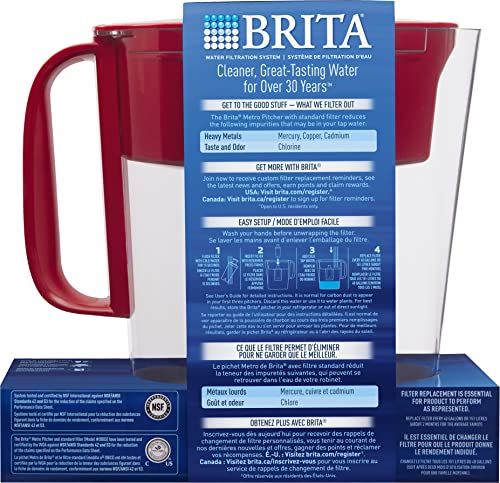 Brita Water Filter Pitcher for Tap and Drinking Water with 1 Standard Filter, Lasts 2 Months, 6-Cup Capacity, Christmas Gift for Men and Women, BPA Free, Red