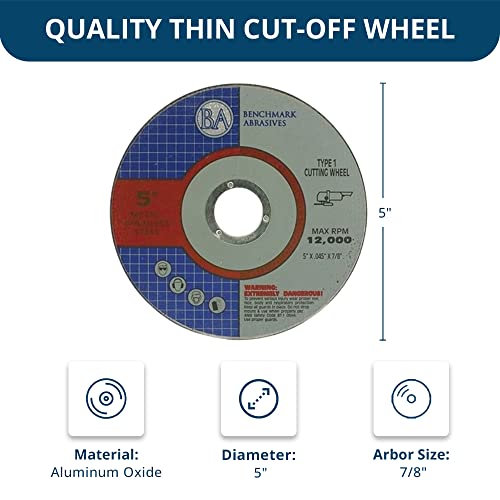 Benchmark Abrasives 5" Aluminum Oxide Quality Thin Cut Off Wheel for Metal and Stainless Steel 0.045" Thick 7/8" Arbor, Angle Grinder Wheel, Fast Burr-Free Cutting Wheel - 50 Pack