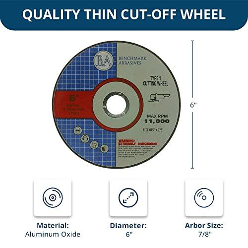 Benchmark Abrasives 6" Aluminium Oxide Quality Thin Cut Off Wheel for Metal and Stainless Steel 0.045" Thick 7/8" Arbor, Angle Grinder Wheel, Fast Burr-Free Cutting Wheel - 100 Pack