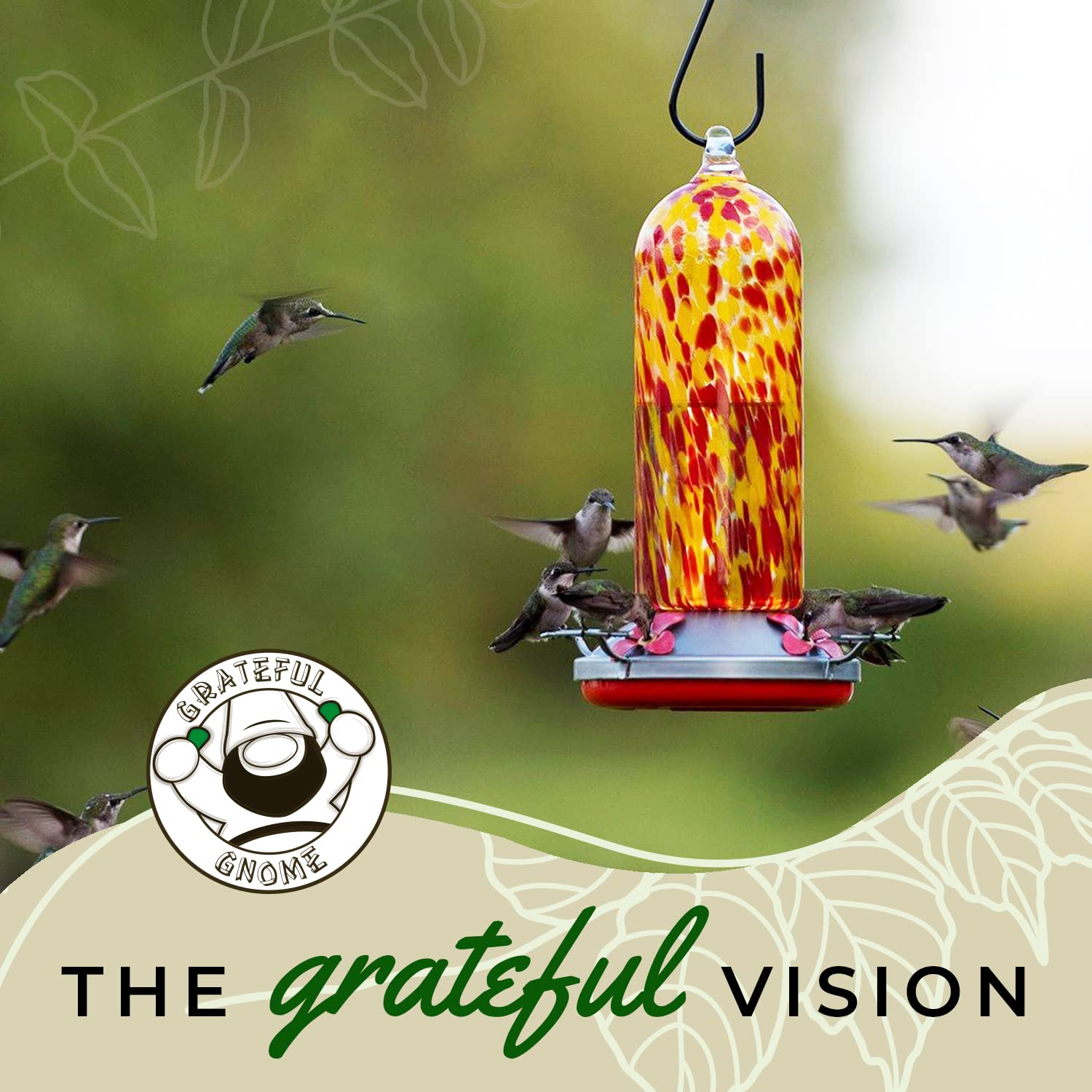 Grateful Gnome Hummingbird Feeder for Outdoors Hanging Hand Blown Glass Fiery Bell Tower 20 Fluid Ounces Free Bonus Accessories S-Hook, Ant Moat, Brush and Hemp Rope Included