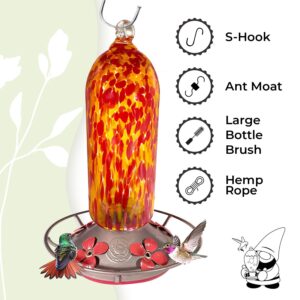 Grateful Gnome Hummingbird Feeder for Outdoors Hanging Hand Blown Glass Fiery Bell Tower 20 Fluid Ounces Free Bonus Accessories S-Hook, Ant Moat, Brush and Hemp Rope Included