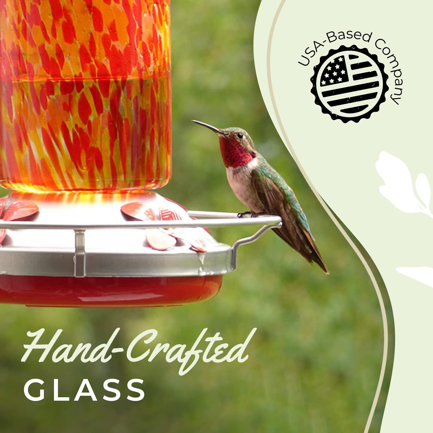 Grateful Gnome Hummingbird Feeder for Outdoors Hanging Hand Blown Glass Fiery Bell Tower 20 Fluid Ounces Free Bonus Accessories S-Hook, Ant Moat, Brush and Hemp Rope Included