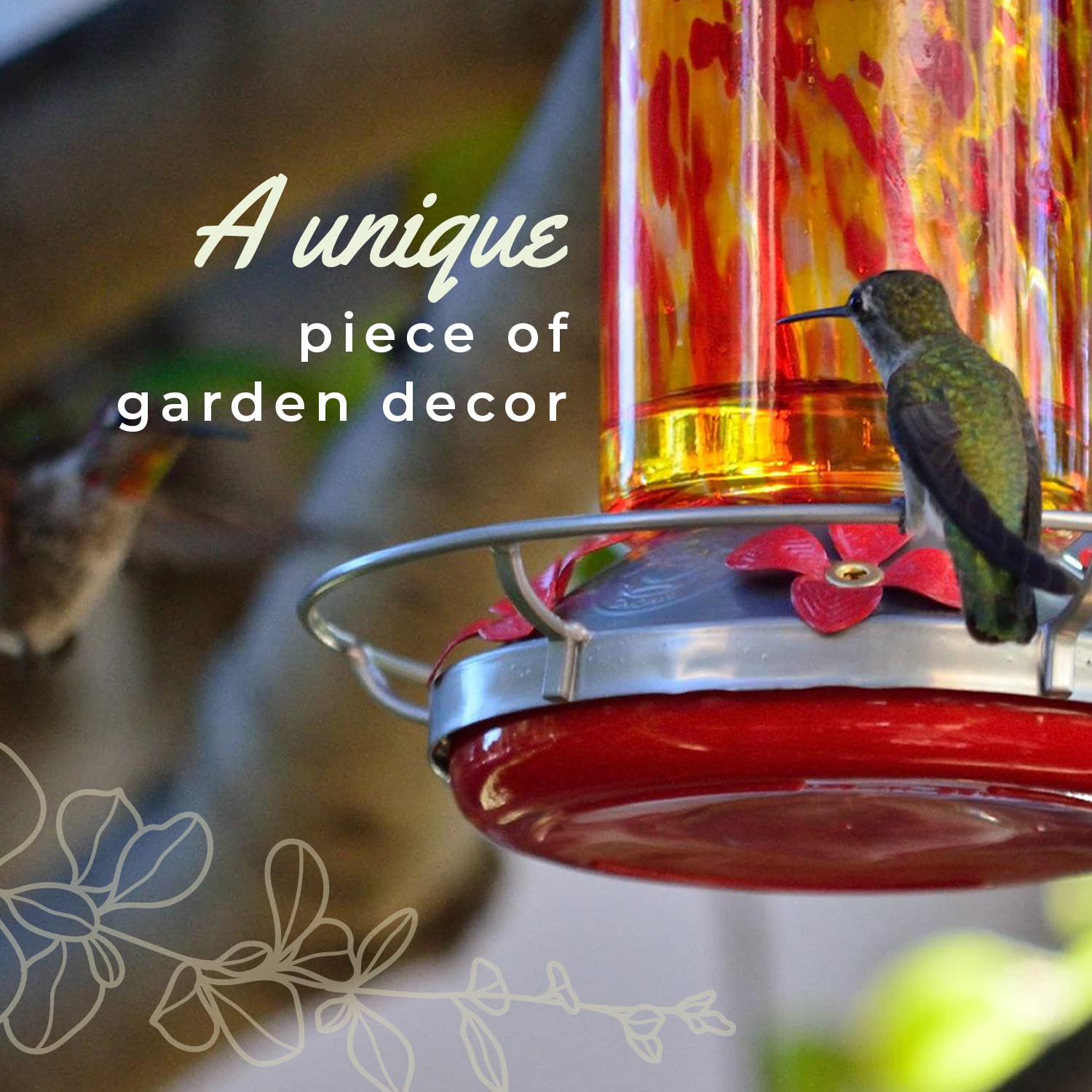 Grateful Gnome Hummingbird Feeder for Outdoors Hanging Hand Blown Glass Fiery Bell Tower 20 Fluid Ounces Free Bonus Accessories S-Hook, Ant Moat, Brush and Hemp Rope Included