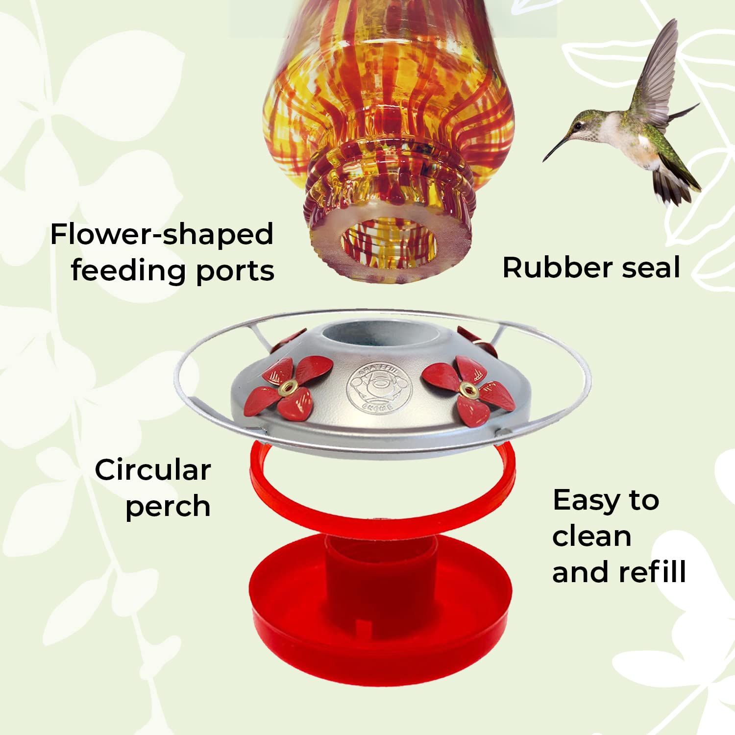 Grateful Gnome Hummingbird Feeder for Outdoors Hanging Hand Blown Glass Fiery Bell Tower 20 Fluid Ounces Free Bonus Accessories S-Hook, Ant Moat, Brush and Hemp Rope Included