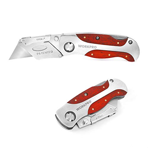 WORKPRO Quick-Change Utility Knife, Classical Retro Style Wood Grain Handle, Back Lock Folding Knife with Clip