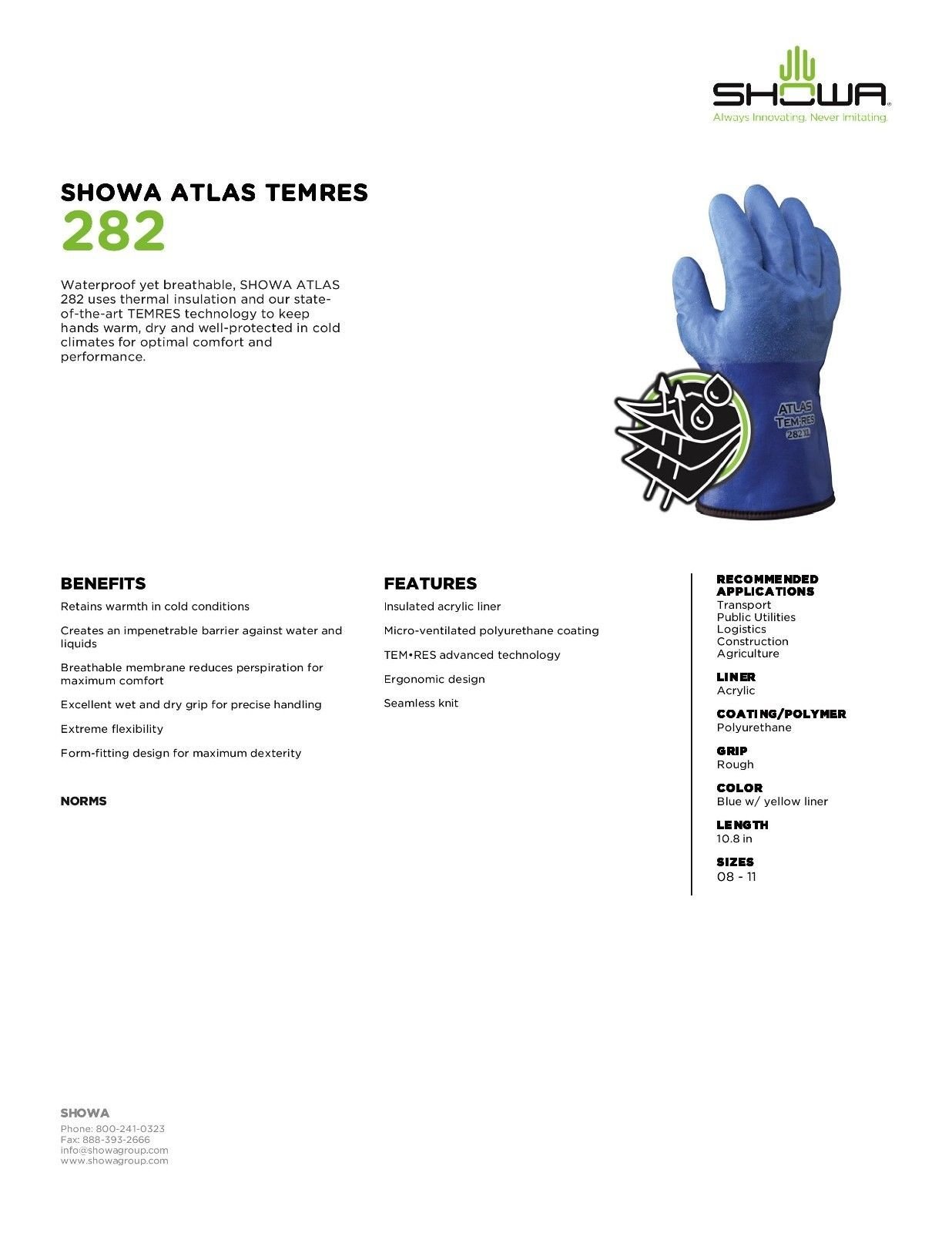 Atlas Showa Best 282 TEMRES Insulated Gloves, Waterproof/Breathable TEMRES Technology, Oil Resistant Rough Textured Coating, Acrylic Insulation, Medium (1 Pair)