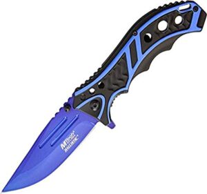 mtech usa mt-a907bl spring assist folding knife, blue straight edge blade, black & blue handle, 4.75" closed