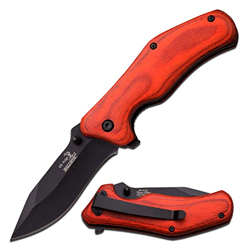 Elk Ridge - Outdoors Spring Assisted Folding Knife - 2.9-in Black Stainless Steel Blade, 4.1-in Closed, Red Wood Handle, Pocket Clip - Hunting, Camping, Survival, EDC - ER-A013RW