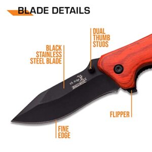 Elk Ridge - Outdoors Spring Assisted Folding Knife - 2.9-in Black Stainless Steel Blade, 4.1-in Closed, Red Wood Handle, Pocket Clip - Hunting, Camping, Survival, EDC - ER-A013RW