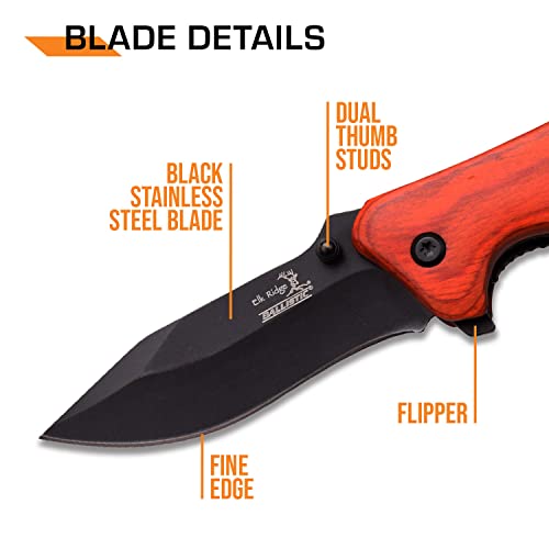 Elk Ridge - Outdoors Spring Assisted Folding Knife - 2.9-in Black Stainless Steel Blade, 4.1-in Closed, Red Wood Handle, Pocket Clip - Hunting, Camping, Survival, EDC - ER-A013RW