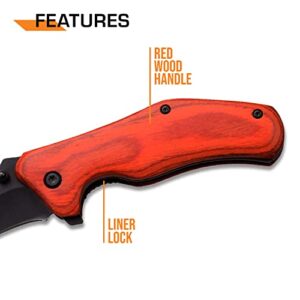 Elk Ridge - Outdoors Spring Assisted Folding Knife - 2.9-in Black Stainless Steel Blade, 4.1-in Closed, Red Wood Handle, Pocket Clip - Hunting, Camping, Survival, EDC - ER-A013RW