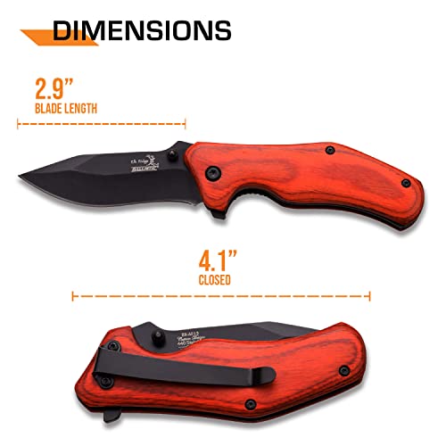 Elk Ridge - Outdoors Spring Assisted Folding Knife - 2.9-in Black Stainless Steel Blade, 4.1-in Closed, Red Wood Handle, Pocket Clip - Hunting, Camping, Survival, EDC - ER-A013RW