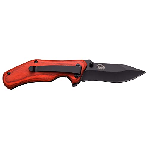 Elk Ridge - Outdoors Spring Assisted Folding Knife - 2.9-in Black Stainless Steel Blade, 4.1-in Closed, Red Wood Handle, Pocket Clip - Hunting, Camping, Survival, EDC - ER-A013RW