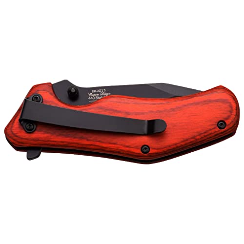Elk Ridge - Outdoors Spring Assisted Folding Knife - 2.9-in Black Stainless Steel Blade, 4.1-in Closed, Red Wood Handle, Pocket Clip - Hunting, Camping, Survival, EDC - ER-A013RW