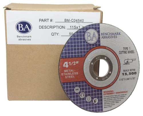 Benchmark Abrasives 4-1/2" Quality Thin Cut Off Wheel Metal & Stainless Steel 0.040" Thick 7/8" Arbor, Aluminum Oxide Cutting Wheel, Grinding Wheel - 25 Pack