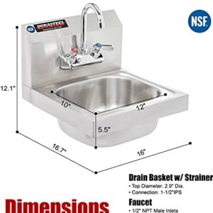 DuraSteel Stainless Steel Sink - NSF Commercial Wall Mount Kitchen Sink - Small Hand Sink with 12" x 10" x 5.5"D Wash Basin - With Sink Strainer and Faucet - For Laundry, Restaurants, Bars, and More