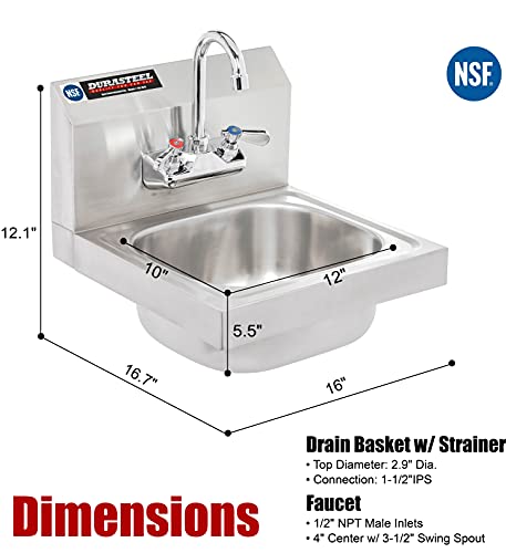 DuraSteel Stainless Steel Sink - NSF Commercial Wall Mount Kitchen Sink - Small Hand Sink with 12" x 10" x 5.5"D Wash Basin - With Sink Strainer and Faucet - For Laundry, Restaurants, Bars, and More