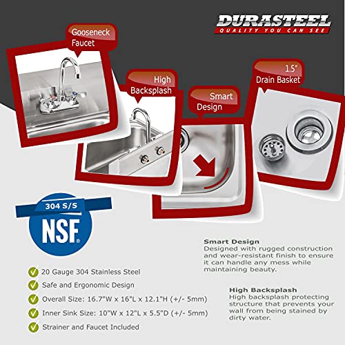 DuraSteel Stainless Steel Sink - NSF Commercial Wall Mount Kitchen Sink - Small Hand Sink with 12" x 10" x 5.5"D Wash Basin - With Sink Strainer and Faucet - For Laundry, Restaurants, Bars, and More