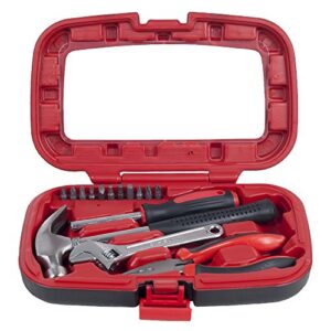 home improvement tool kit - 15-piece household hand tools essentials set in durable plastic carrying case for home, office, and car by stalwart (red)