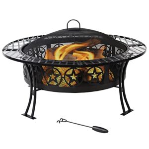 sunnydaze 40-inch round steel fire pit table with durable spark screen and poker - portable design - black - four star