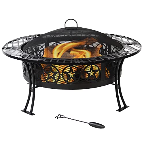 Sunnydaze 40-Inch Round Steel Fire Pit Table with Durable Spark Screen and Poker - Portable Design - Black - Four Star