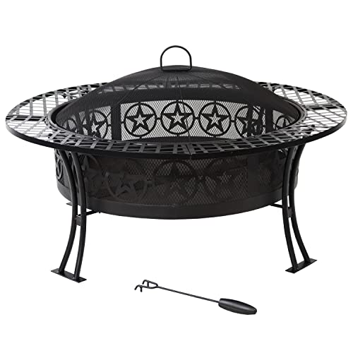 Sunnydaze 40-Inch Round Steel Fire Pit Table with Durable Spark Screen and Poker - Portable Design - Black - Four Star