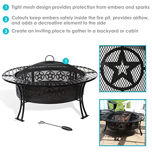 Sunnydaze 40-Inch Round Steel Fire Pit Table with Durable Spark Screen and Poker - Portable Design - Black - Four Star