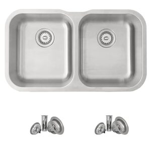 stylish 31 1/4 x 18 inch drop-in or undermount stainless steel double bowl kitchen sink with standard strainers, s-200t
