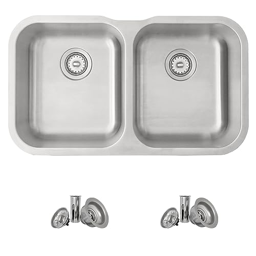 STYLISH 31 1/4 x 18 inch Drop-in or Undermount Stainless Steel Double Bowl Kitchen Sink with Standard Strainers, S-200T