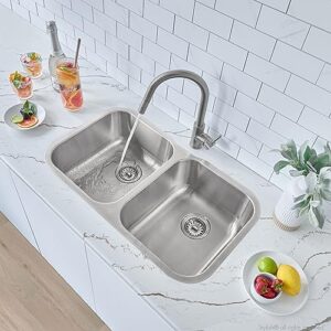 STYLISH 31 1/4 x 18 inch Drop-in or Undermount Stainless Steel Double Bowl Kitchen Sink with Standard Strainers, S-200T