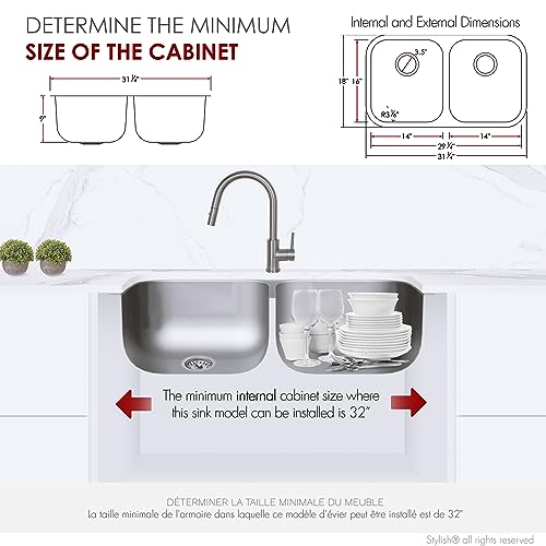 STYLISH 31 1/4 x 18 inch Drop-in or Undermount Stainless Steel Double Bowl Kitchen Sink with Standard Strainers, S-200T