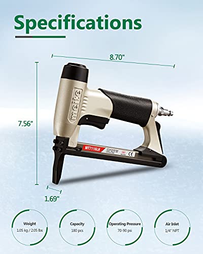 meite MT7116LN Pneumatic Upholstery Stapler 22 Gauge 71 Series 3/8" Crown 1/4" to 5/8" Length Long Nose Stapler Industrial Fine Wire Stapler