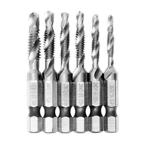 autotoolhome 6 pack combination drill and tap bit set 6-32nc 8-32nc 10-32nc 10-24nc 12-24nc 1/4-20nc screw tap drill bits for drilling tapping countersinking