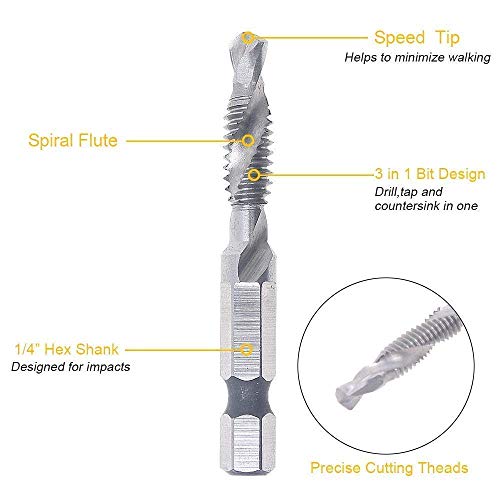 AUTOTOOLHOME 6 Pack Combination Drill and Tap Bit Set 6-32nc 8-32nc 10-32nc 10-24nc 12-24nc 1/4-20nc Screw Tap Drill Bits for Drilling Tapping Countersinking