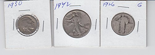 3- Old Vintage Coins- Walking Liberty Silver Half dollar, Standing Liberty Silver Quarter and a Buffalo Nickel-Dates Varie Good