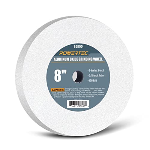 POWERTEC 15505 Bench and Pedestal Grinding Wheels, 8 Inch x 1 Inch, 5/8 Arbor, 120 Grit White Aluminum Oxide Bench Grinder Wheel for Grinding and Sharpening Cutting Tools, 1PK