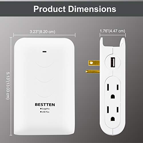 BESTTEN 2.4A USB Wall Outlet Surge Protector with 4 Side-Entry Outlets, 300 Joules, 15A/125V/1875W, Top Cell Phone Dock Design, ETL Listed