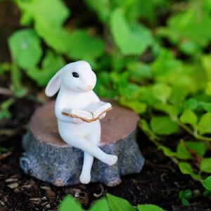 Top Collection Miniature Fairy Garden & Terrarium Bunny Reading on Stump Statue, Small,Ivory