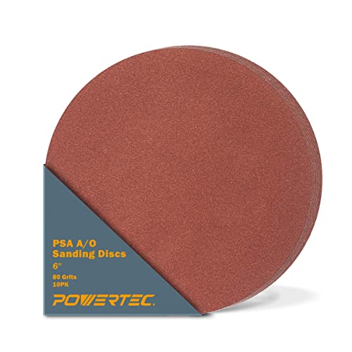 POWERTEC 110290 6 Inch PSA Sanding Discs, 80 Grit, Aluminum Oxide Adhesive Sandpaper for 4x36 Belt Sander, 10PK