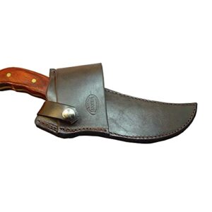 custom-made cross draw knife sheath for the buck kalinga 401 knife. the sheath is made out of 10 ounce water buffalo hide leather. the 10 oz. leather is dyed dark brown. the sheath also has a strap for extra security of your knife from falling out. the sh