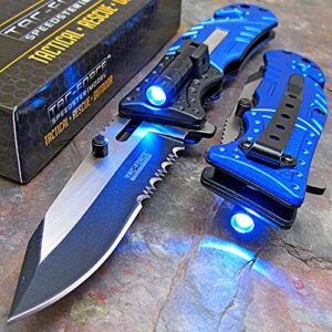 tac-force blue police spring assisted open led flashlight tactical rescue folding pocket knife new