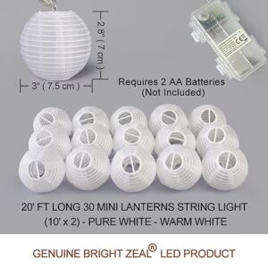 Bright Zeal 20' Long 30 LED Christmas Lanterns String Lights Battery Powered - Indoor Outdoor 3" White Silk-Like Cloth Lantern String Lights Christmas Tree Bedroom - LED Hanging Lantern String Light