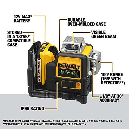 DEWALT 12V MAX Laser Level, Green Line Laser, 3-Way, 360 Degree Professional Laser, Cordless/Rechargeable (DW089LG),Yellow