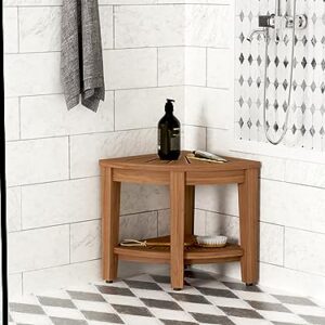 AquaTeak Floor Model - 15.5" Kai Corner Teak Shower Bench with Shelf