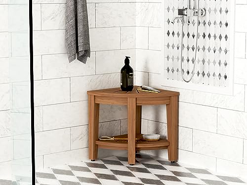 AquaTeak Floor Model - 15.5" Kai Corner Teak Shower Bench with Shelf