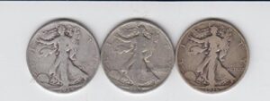 3- walking liberty half dollars 1934, 1935, 1936 very good
